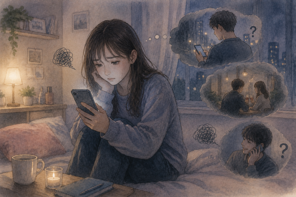 スマホを見つめる女性。彼氏の行動が信じられず不安が募っている。