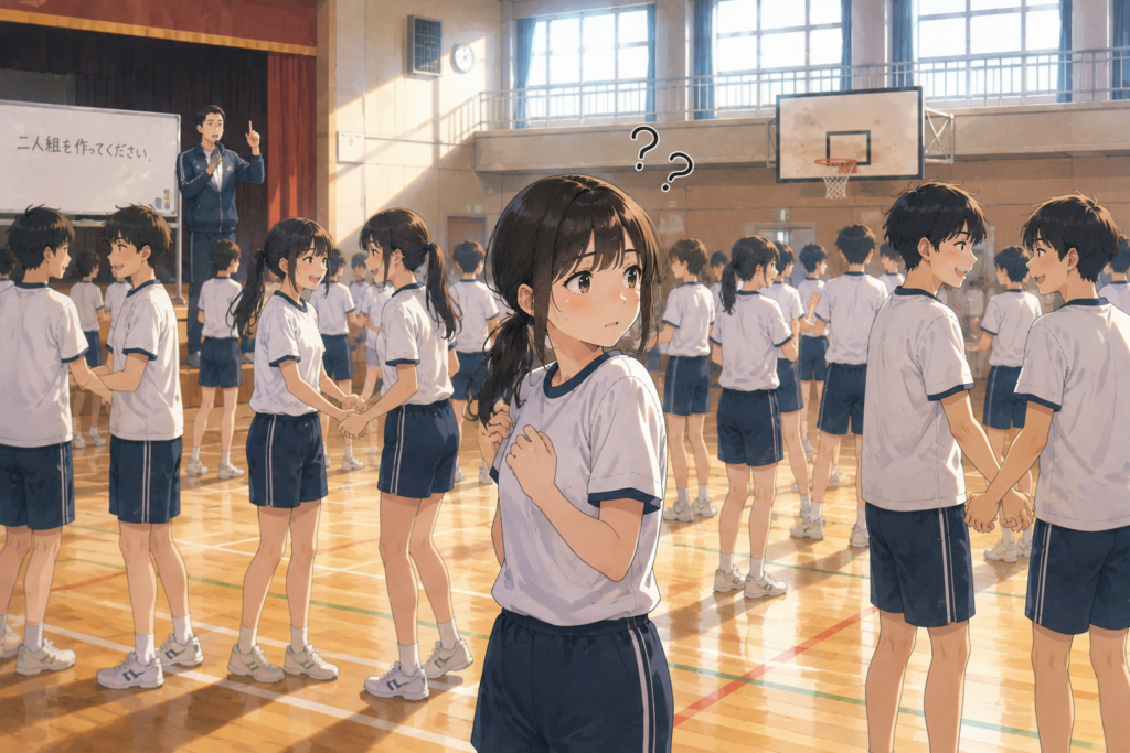 体育の時間2人1組を作るのに戸惑う生徒。