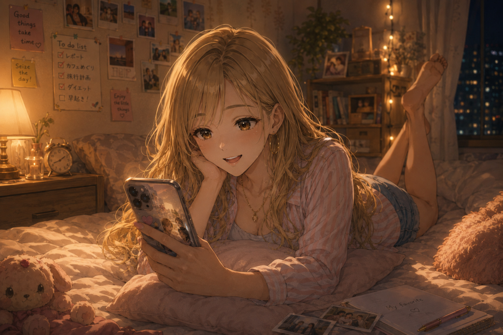 自室でスマホの写真を見るアカリ。
