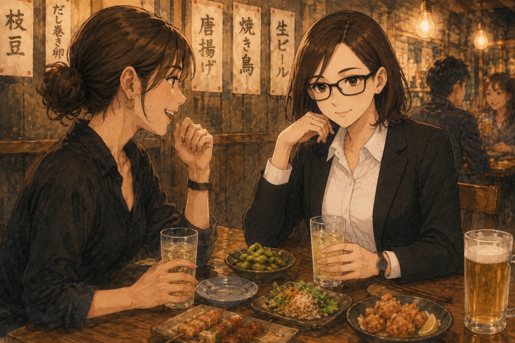 居酒屋で同僚と会話するミカコ。