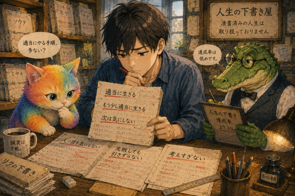 下書きには適当に生きると書くが達成しないリク。ながめるナツメ。
