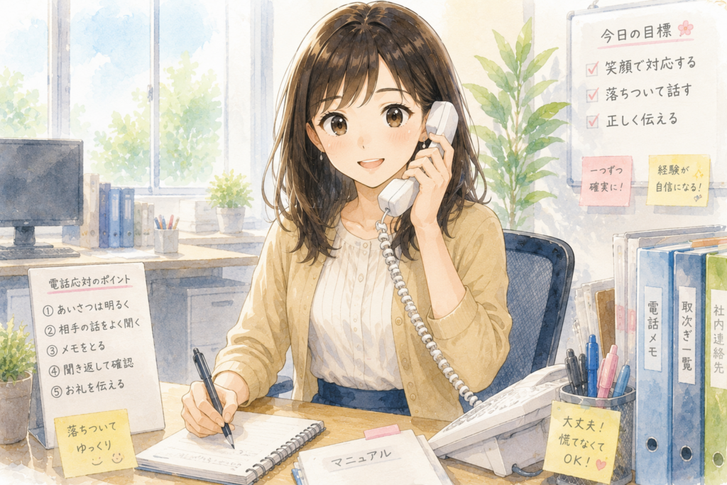 電話応対が上達して落ち着いて対応できるミユ。
