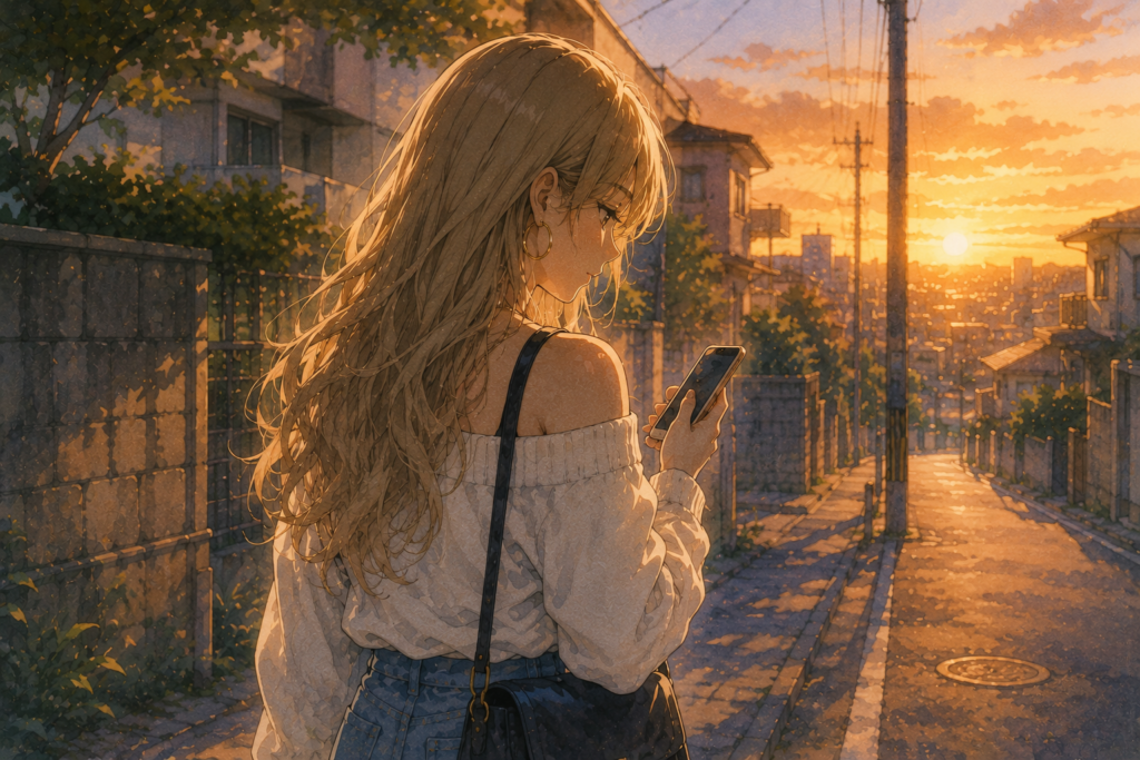 スマホを見つめるアカリ。ハルキに連絡してみるか迷っている。