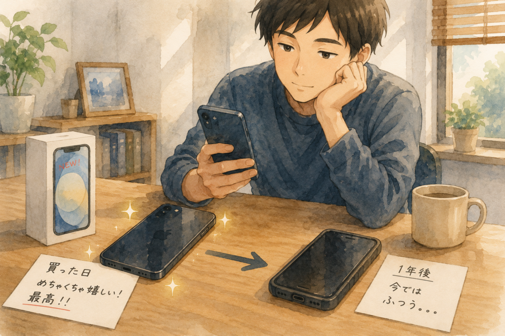 スマホを買ったばかりの時は幸せ。一年後は普通になっている。