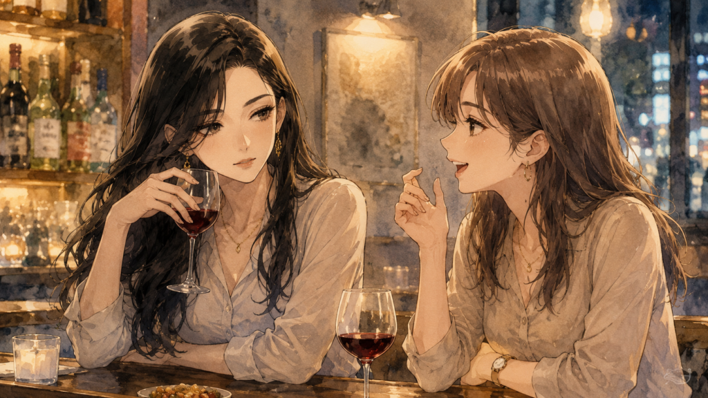 BAR恋古都で会話を楽しむミサキとユウカ。