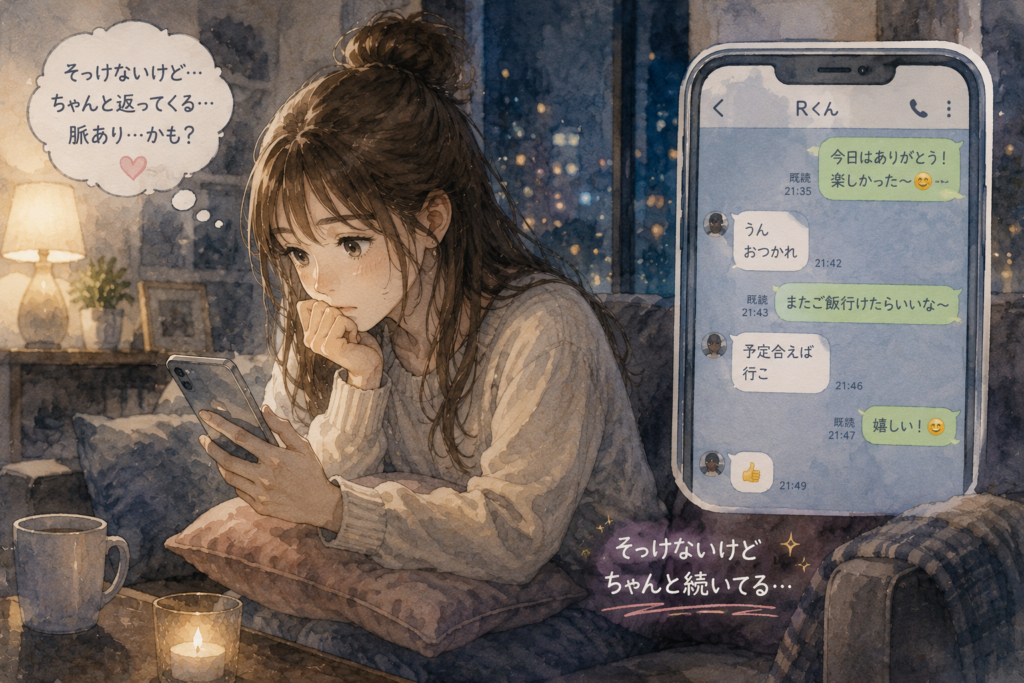 クールな男性とLINEする女性。返信はそっけないがラリーが続く。