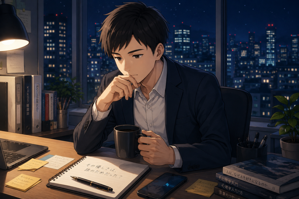 夜の編集部にて優しさについて考えるリク。