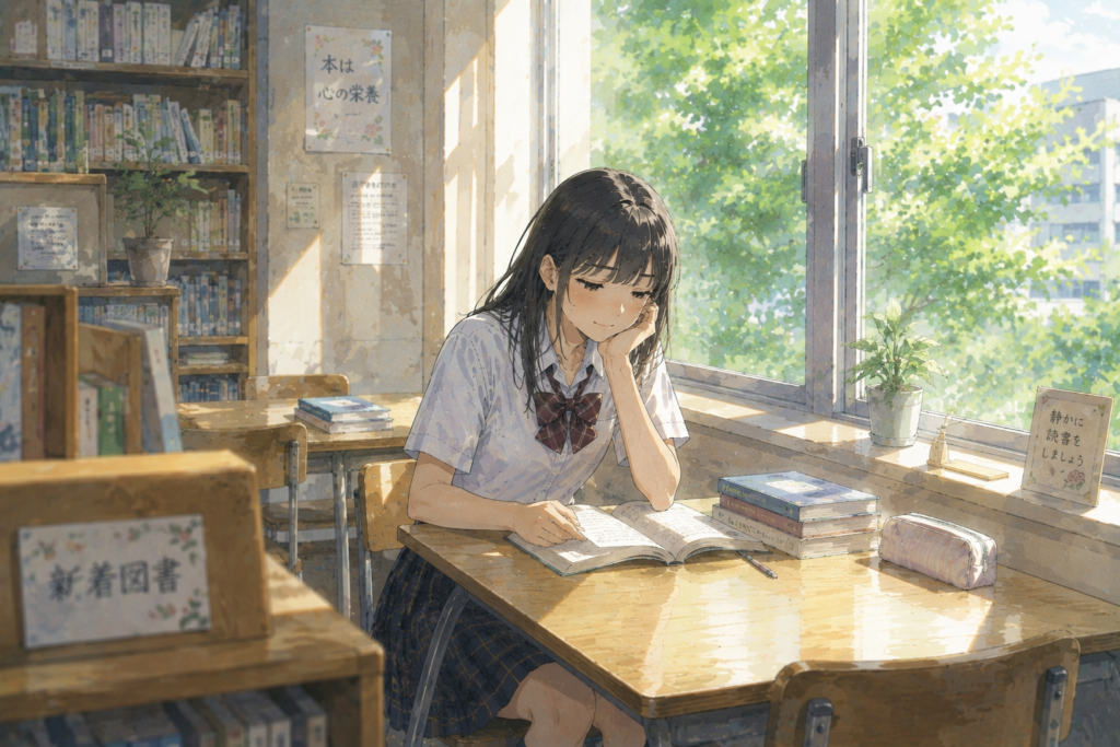図書室でゆっくりひとりの時間を作る女子高生。