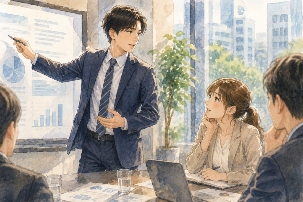 テキパキとプレゼンする男性。見惚れる女性。