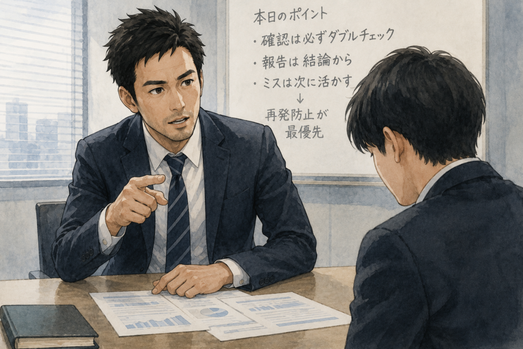 正論で後輩をつめるケンジ。後輩は萎縮している。
