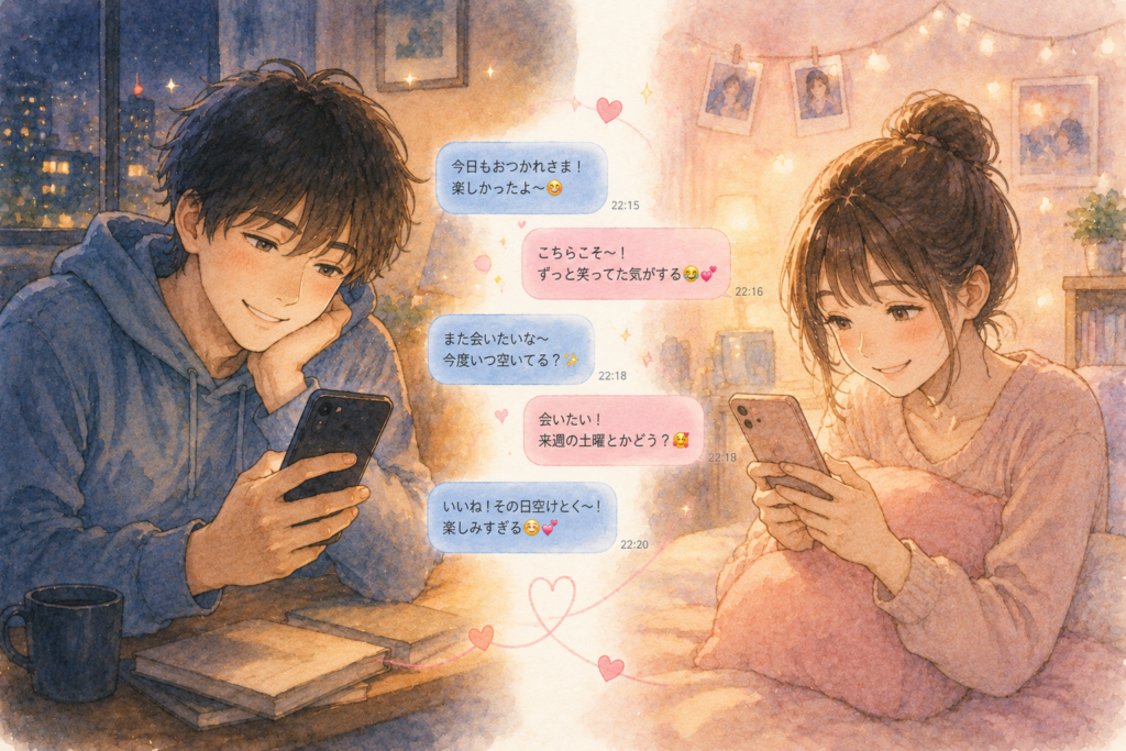 LINEで連絡を取り合う男女。どちらも恋に落ちているような雰囲気。