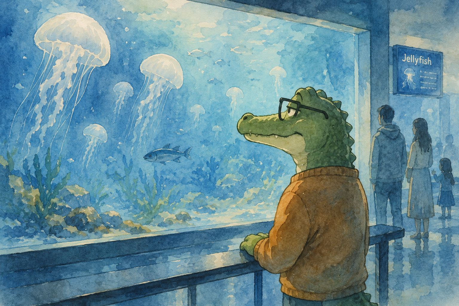 水族館でクラゲを眺めるワニオ。