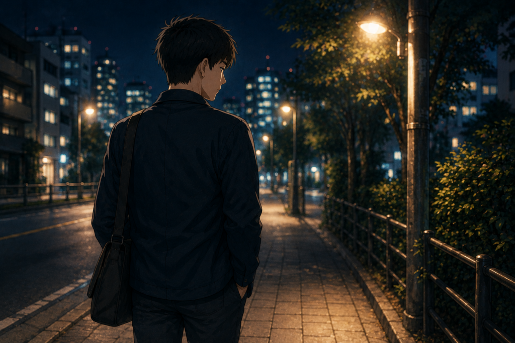 夜道を歩くリク。優しさについて正確な答えは出なかった。