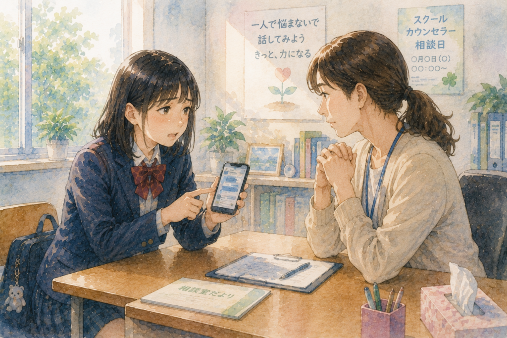 傷つけてくる人について大人に相談する女子。苦手と傷つけてくるは別問題。
