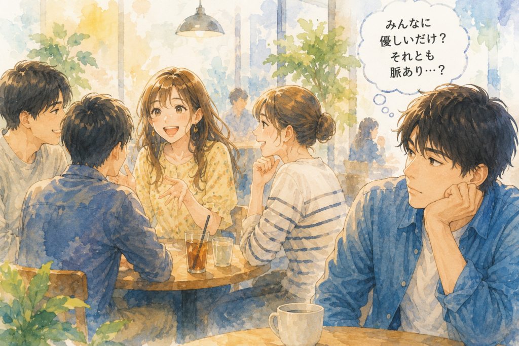 明るい女性がみんなと会話する。離れた位置から脈ありか気にする男性。