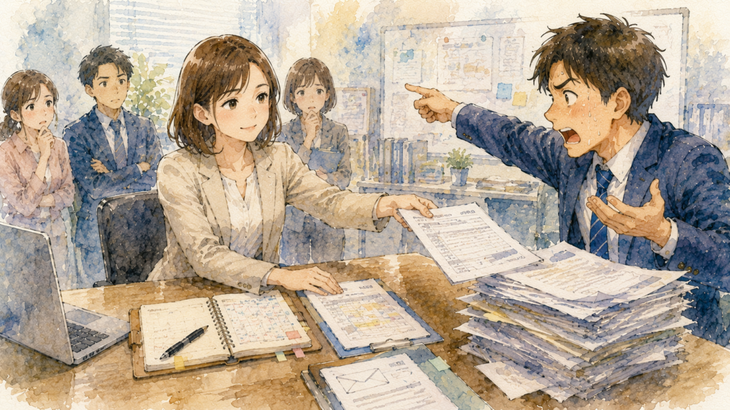 責任転嫁されても冷静に対処して引き受けない女性。