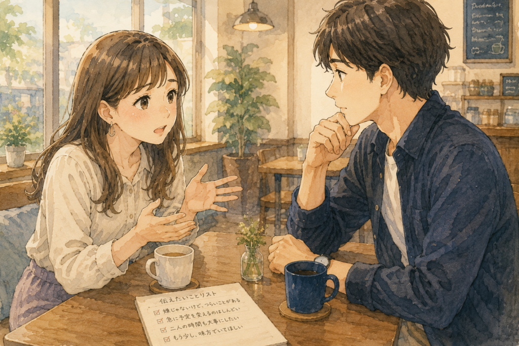 彼氏の母親との関係で困っていることを彼氏に相談する女性。