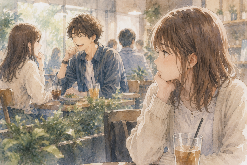 友達と友達が好きな人が会話している。それを見て悩ましげな女性。