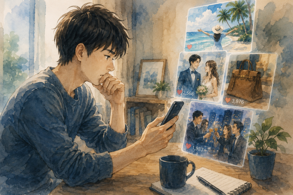 SNSで他人と比較してしまい幸福感を得られない男性。
