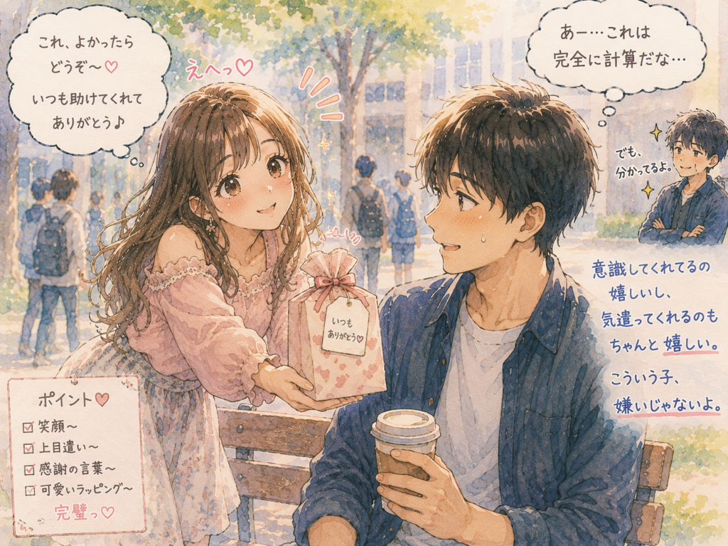 男性にぶりっ子でプレゼント渡す女性。男性は計算とは気づいているが思いやりは嬉しい。