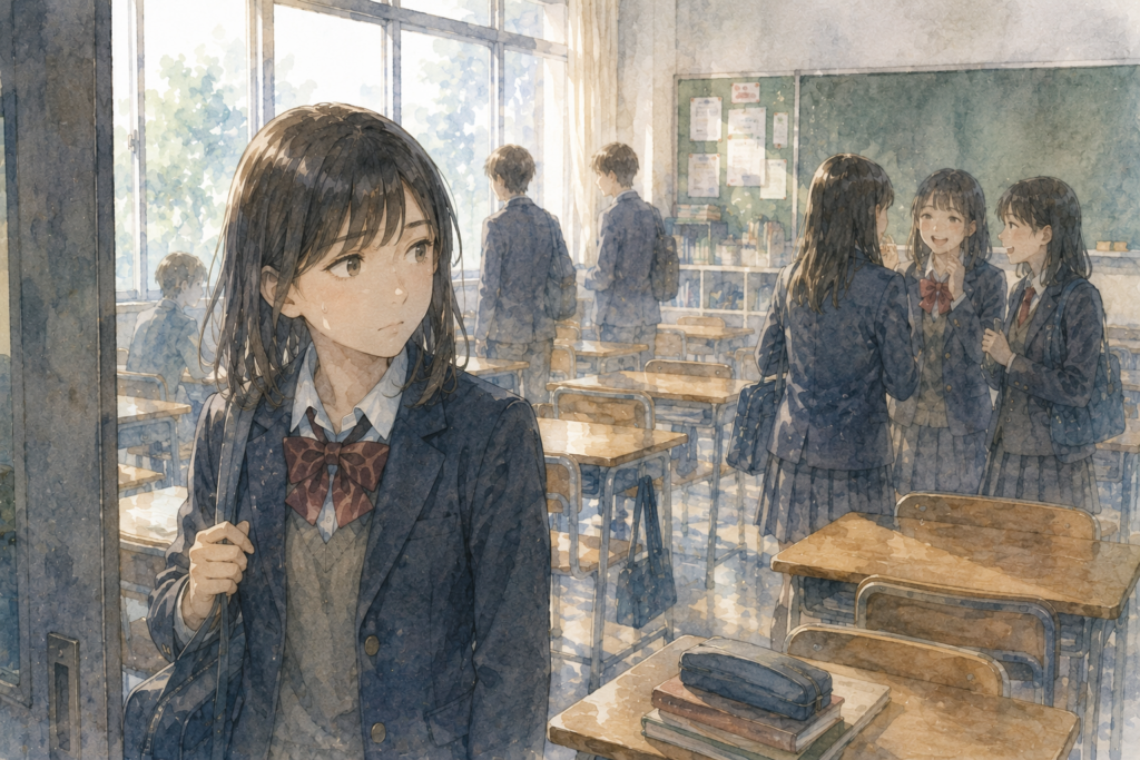 登校してくる女子。教室にいる苦手な人を見て憂鬱な表情。