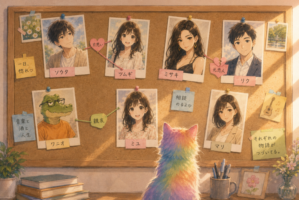 それぞれのキャラクターの関係性が相関図になっている。ながめる虹色の猫。
