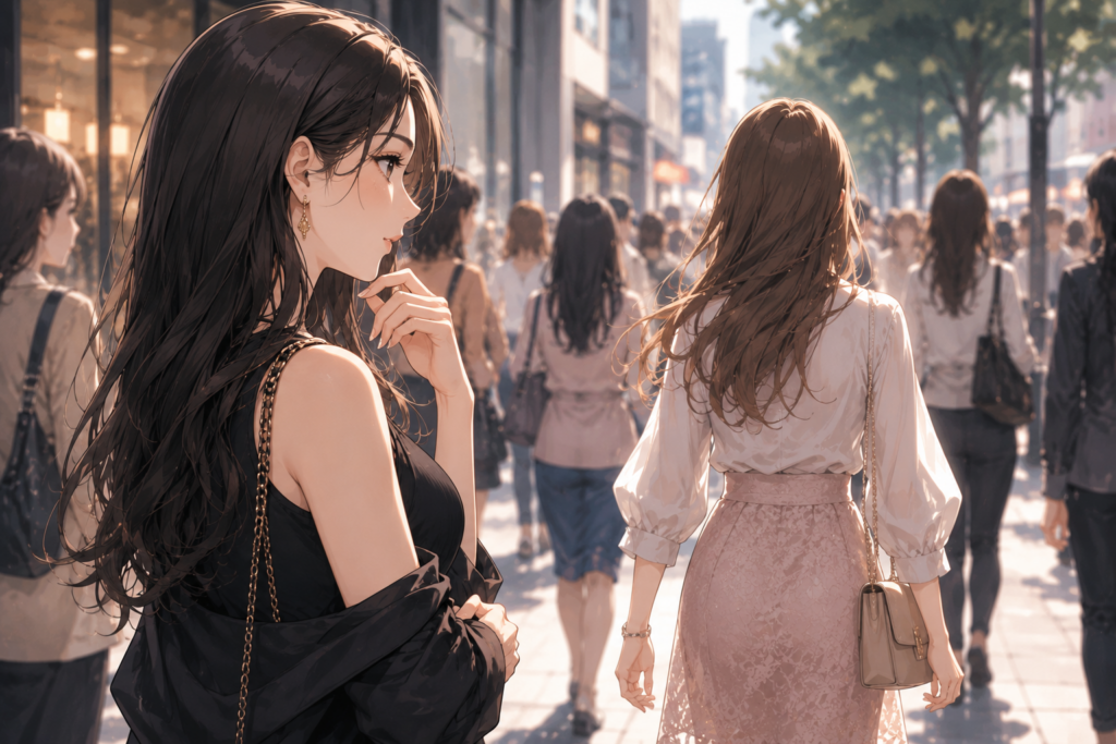 綺麗な女性を観察するミサキ。追い抜く方法を考えている。