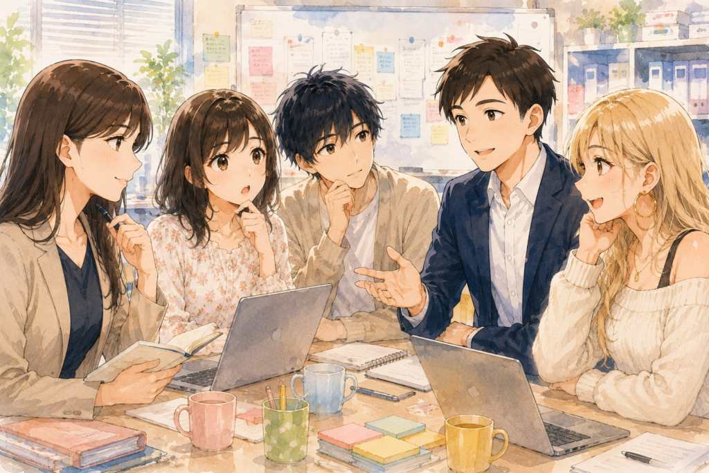 好きな人と仲良くなる方法について座談会するメンバーたち。