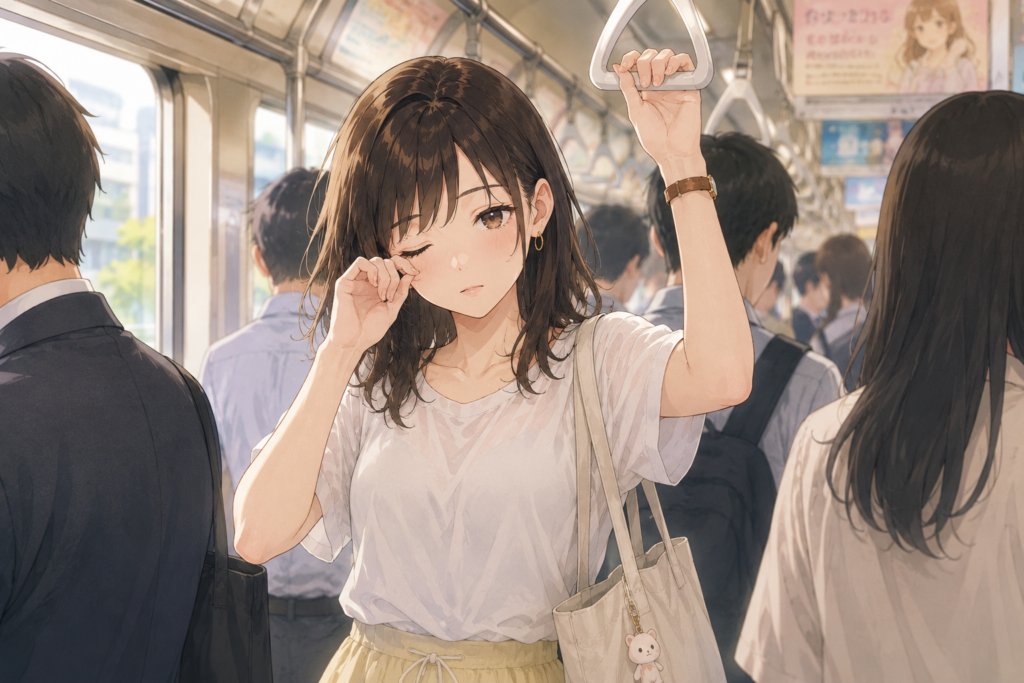 満員電車で眠そうなミユ。