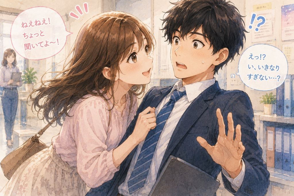 仲良くなりたい気持ちが強すぎてグイグイ距離を詰める女性。それに戸惑う男性。