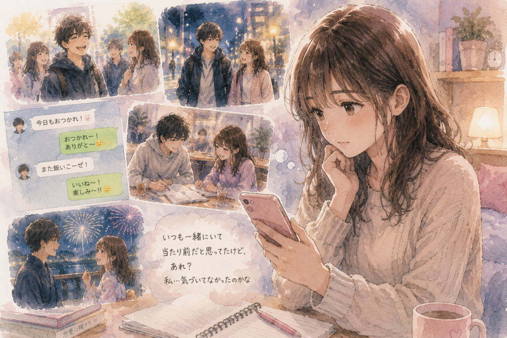 スマホに保存された男友達との思い出を見る女性。恋に落ちたのはいつか考えている。