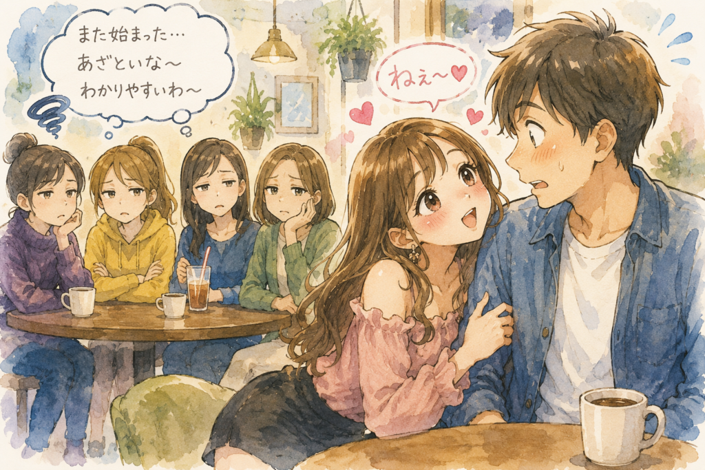上目遣いで男性にボディタッチする女性。それを呆れて見つめるその他の女性たち。