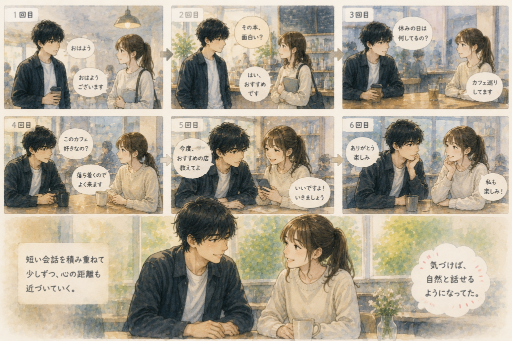 短い会話を積み重ねて少しづつ距離が縮まる男女。
