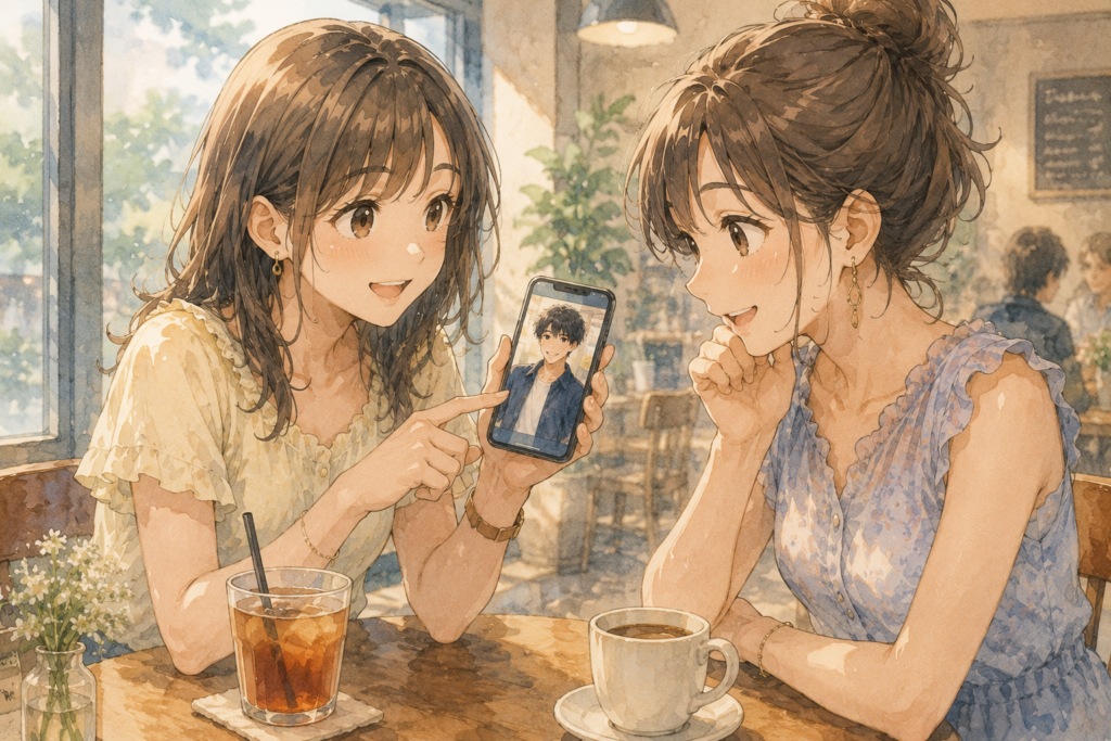 カフェで会話する女性。スマホで男性の写真を見せて「この人どう？」と聞いている。