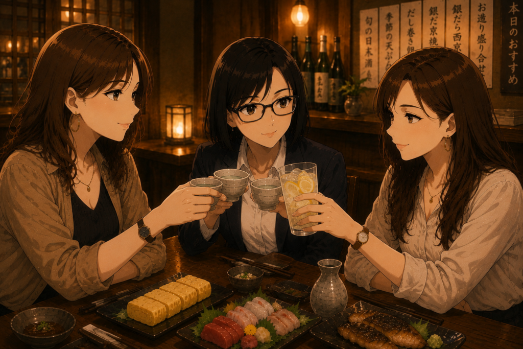 トークテーマの結論が出て乾杯する3人。