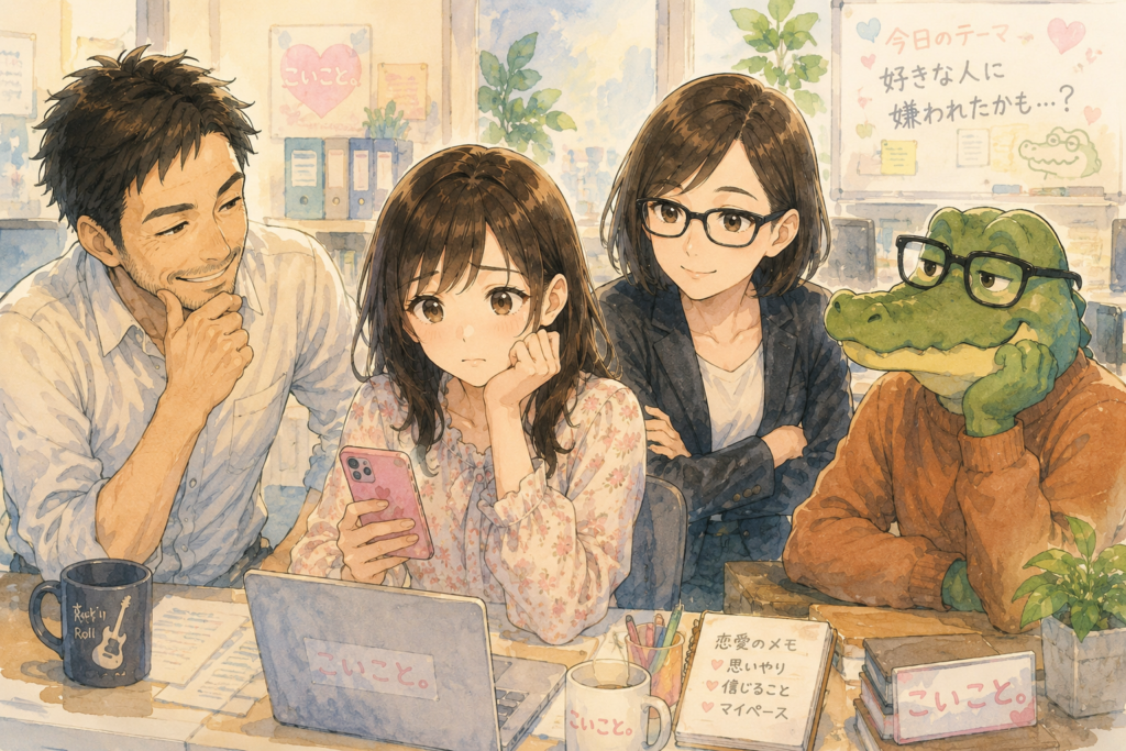 好きな人から返信がなくて不安になるミユ。それを見守るワニオたち。