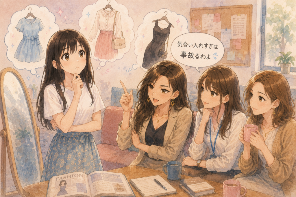 合コンで着る服について相談するツムギ。