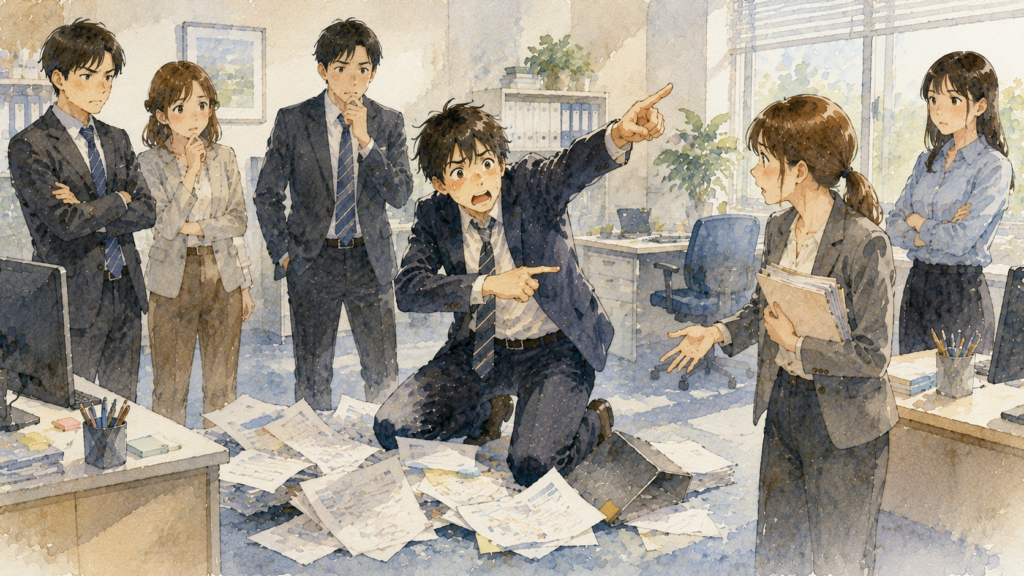 書類をばら撒いてしまったのを女性のせいにする責任転嫁の男性。