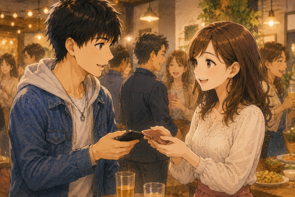 気になる女性と連絡先を交換するハルキ。