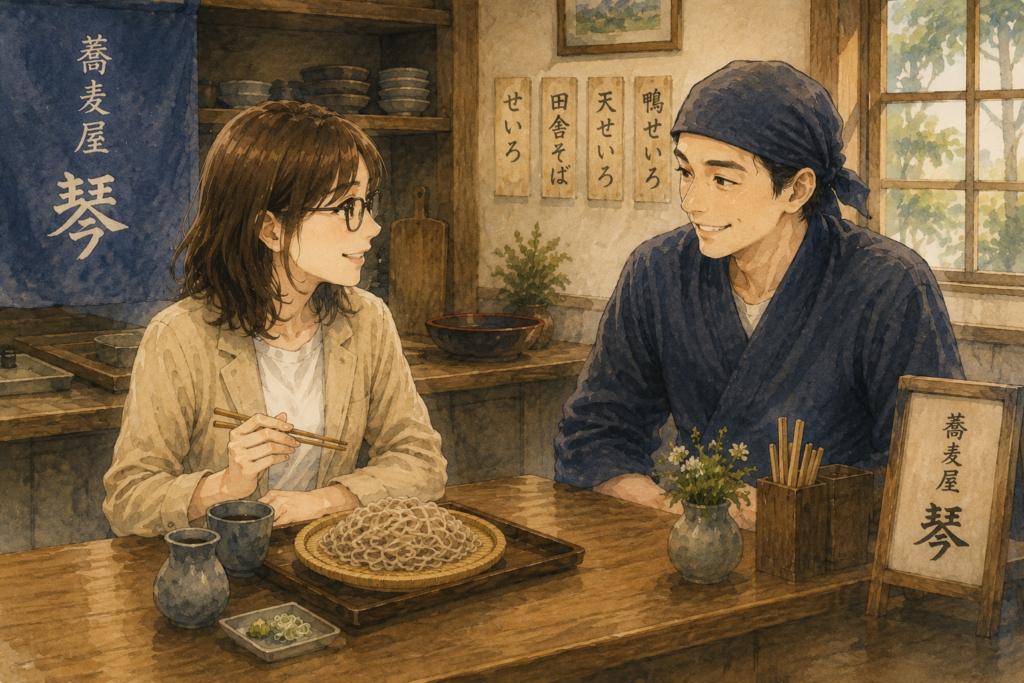 蕎麦屋琴で蕎麦を食べるミカコ。見守るヤブタ。