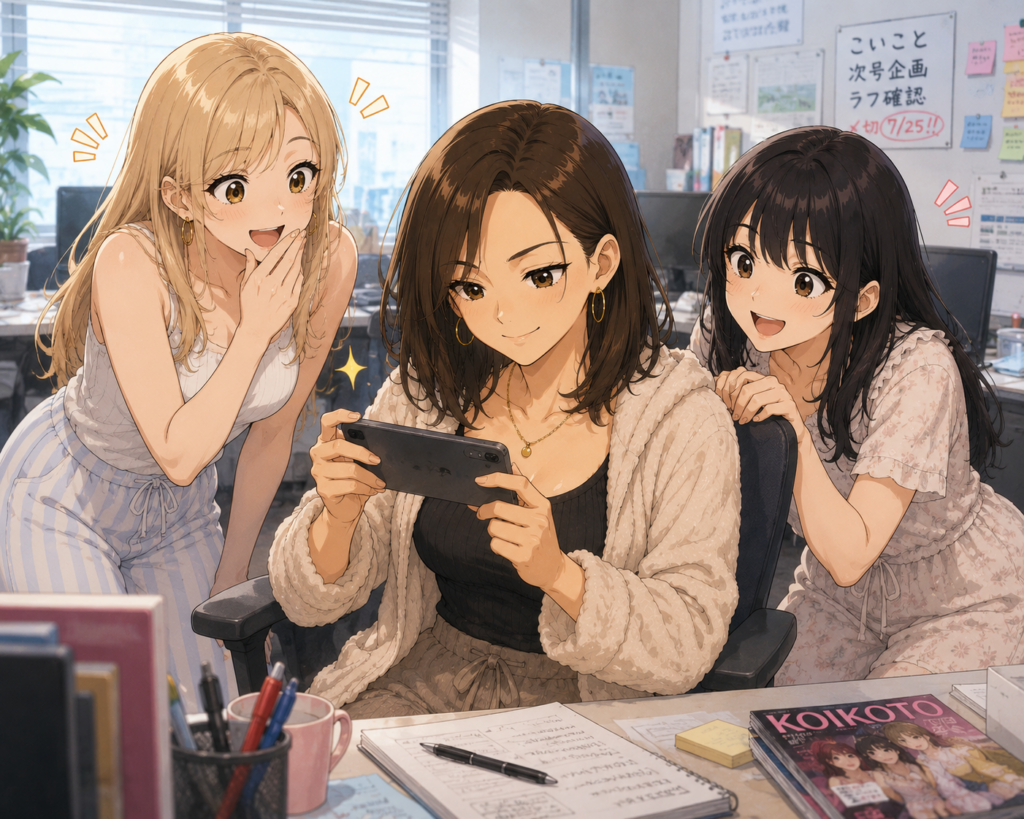 スマホゲームにはまるナナ。のぞきこむミユとアカリ。