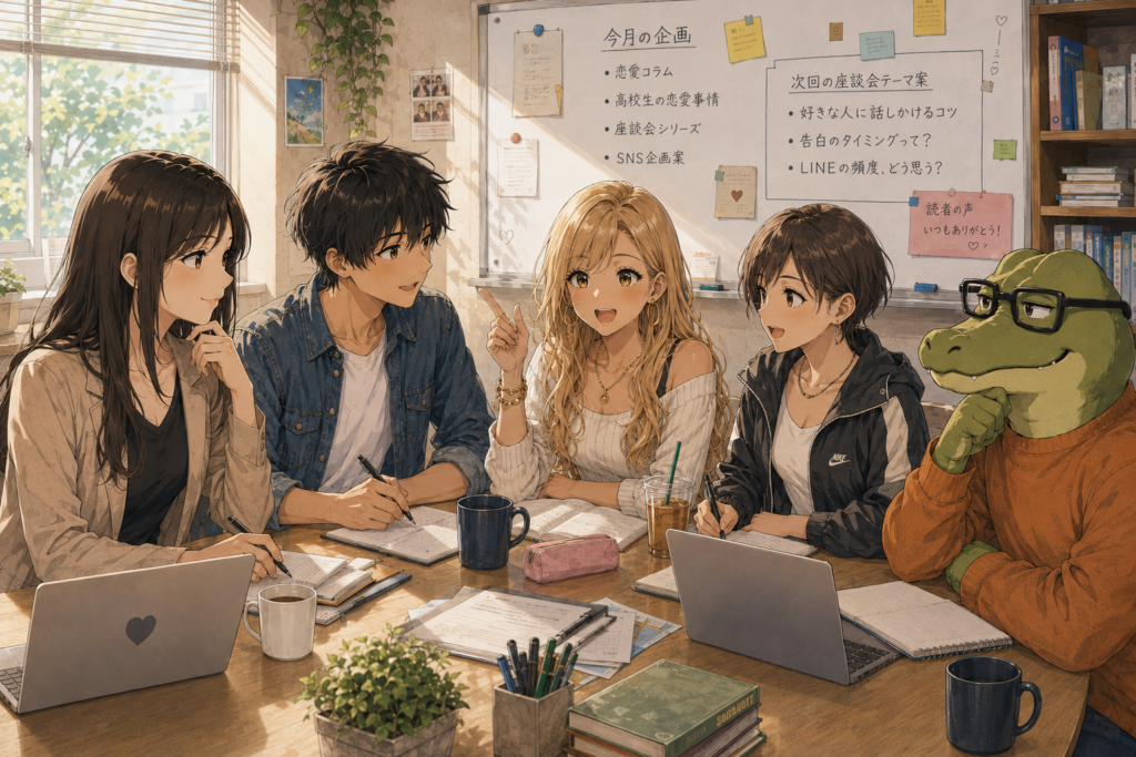 学校の人間関係について座談会をする5人。