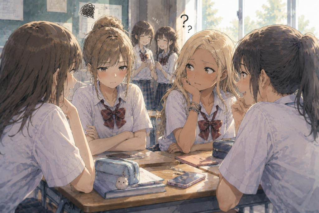 不機嫌そうな友達の変化に敏感に気付いて心配するギャル風女子高生。