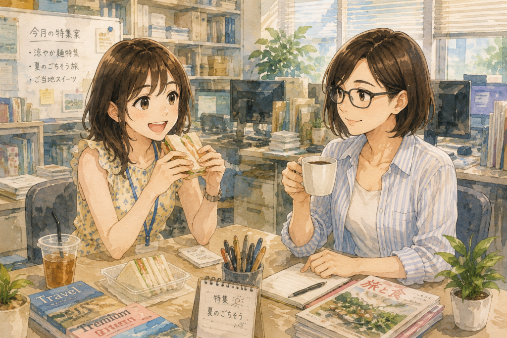 編集部で会話するミカコとミユ。
