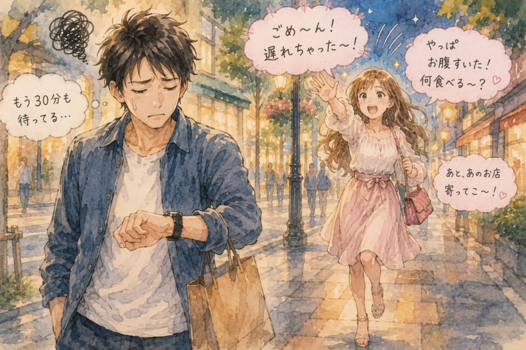 呼び出しておいて遅刻してくる彼女。彼氏はモヤモヤしている。