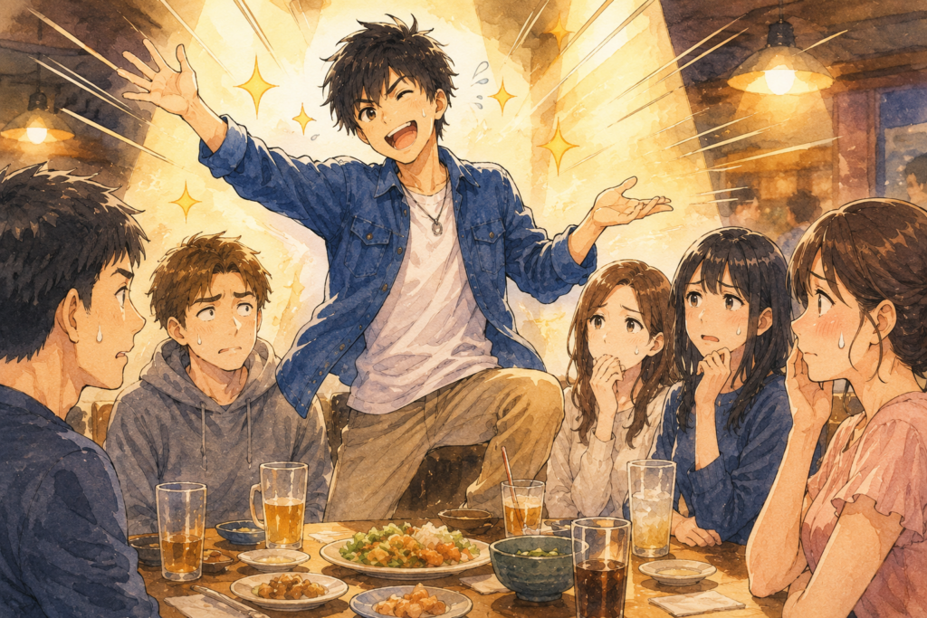 合コンで面白いと思われようと頑張りすぎるハルキ。ドン引きの参加者たち。