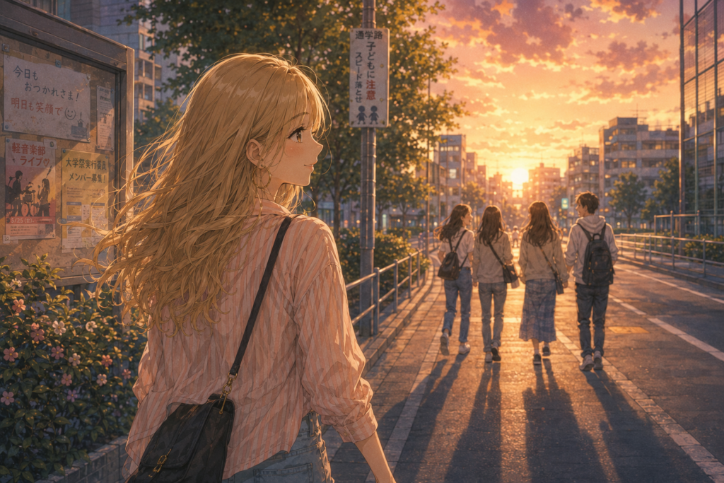 夕方の道を歩くアカリ。青春な雰囲気。