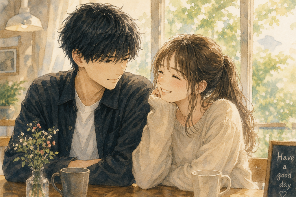 クールな男性と恋人同士になれて幸せそうな女性。