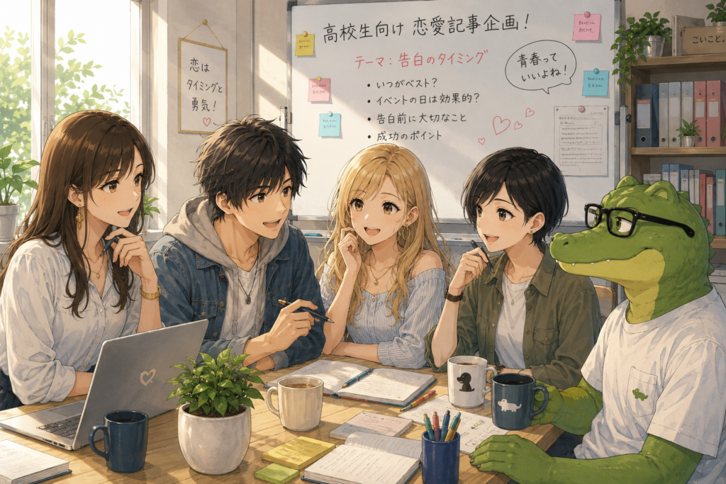 高校生の告白のタイミングについて座談会するメンバーたち。