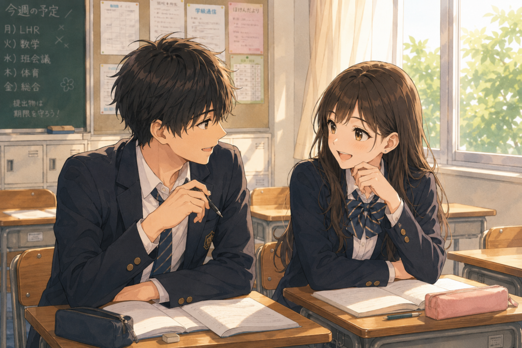 教室で楽しそうに会話する男女。